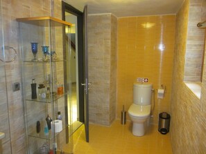 Combined shower/bathtub, hair dryer, towels, soap