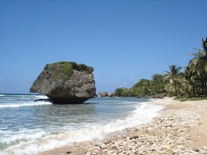 A beach with a prominent rock formation, clear blue sky, and palm trees. - Upscale furnished holiday apartment in quiet road with pool close to golf club  (Rockley)