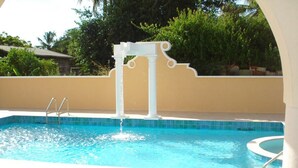 Een zwembad met een witte kolomstructuur, een ladder en een kleine ronde hottub.