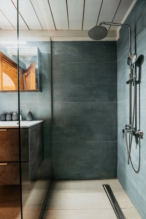 Combined shower/tub, hair dryer, towels, soap