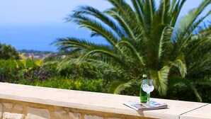 A glass of green liquid on a table with a magazine, palm trees, and a clear sky in the background. - Stone villa with pool & fantastic sea views (with special autumn offers) (Rethymnon)