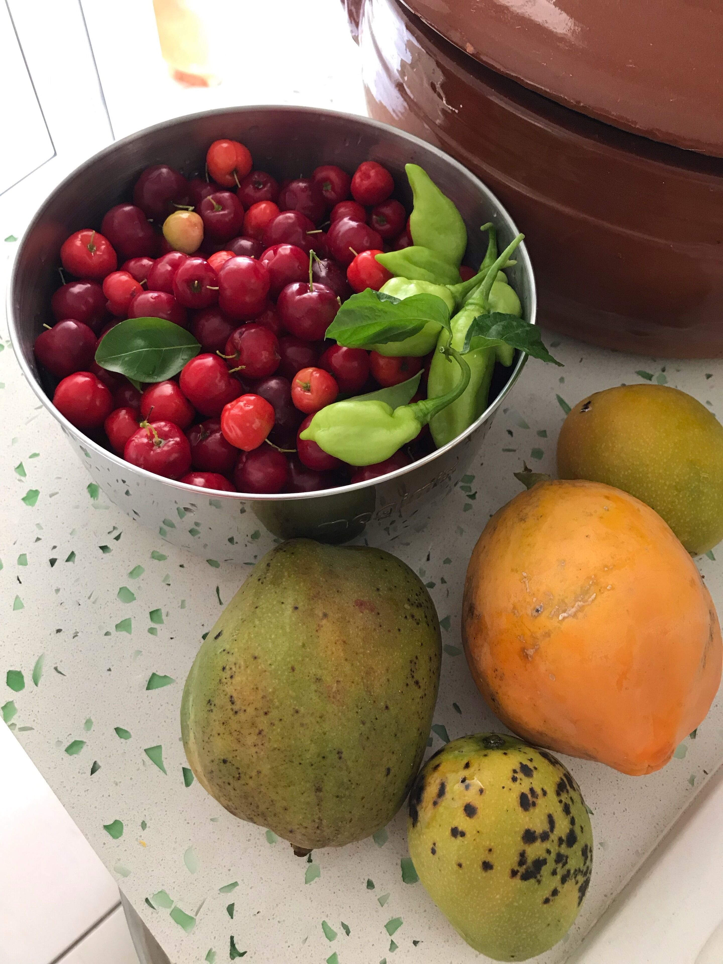 Un bol de cerises et de feuilles vertes, ainsi que trois fruits posés sur un comptoir.