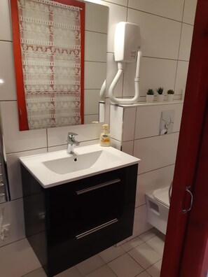 Regadera, secadora de cabello, toallas, papel de baño 