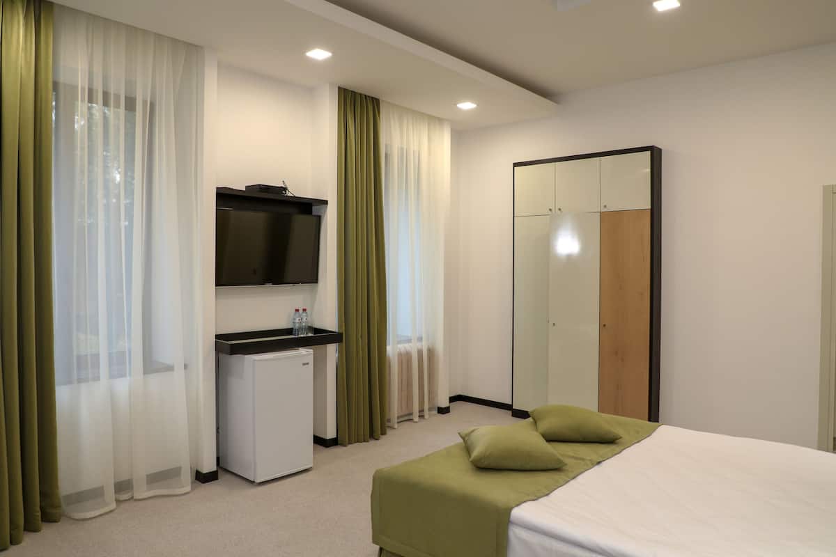 A hotel room with a bed, a small desk, a mirror, and a television.
