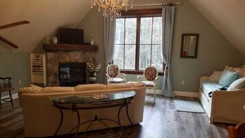 Smart TV, fireplace, DVD player, books