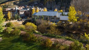 A residential area with houses and a bridge.