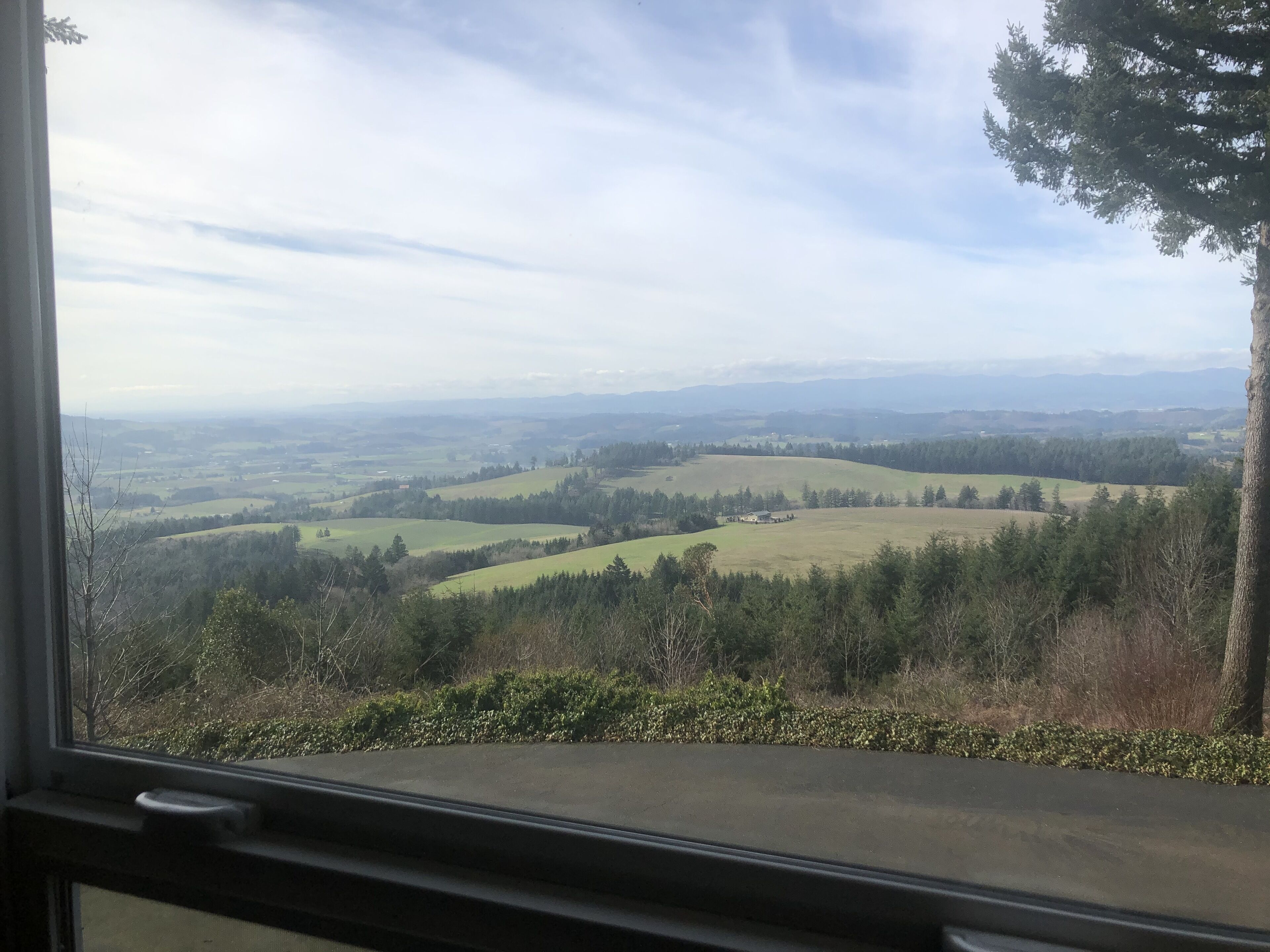 A view from a window overlooking rolling hills, trees, and distant mountains.