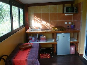 Frigorífico, microondas, placa de cocina y cafetera o tetera