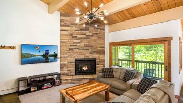 Smart TV, fireplace, books, computer monitors