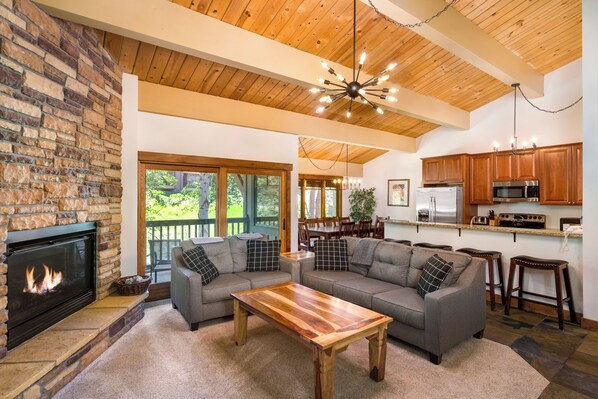 Smart TV, fireplace, books, computer monitors