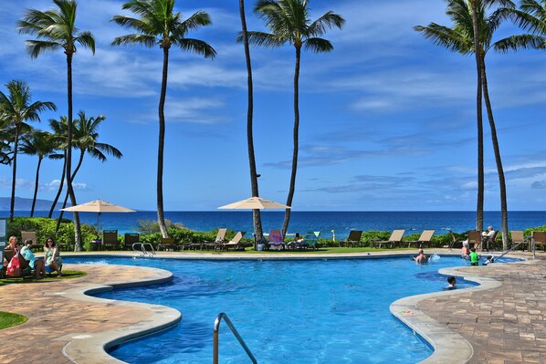 Ein Pool mit Palmen, Liegestühlen und Sonnenschirmen.