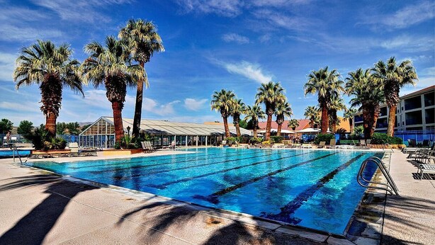 A swimming pool with clear blue water, surrounded by palm trees and lounge chairs. - Las Palmas Spectacular View-Elevator, Washer-Dryer, No Resort Fees - Great RATE! (St George)