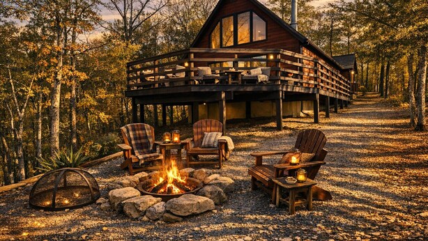 A cabin with a deck, a fire pit, and outdoor seating.