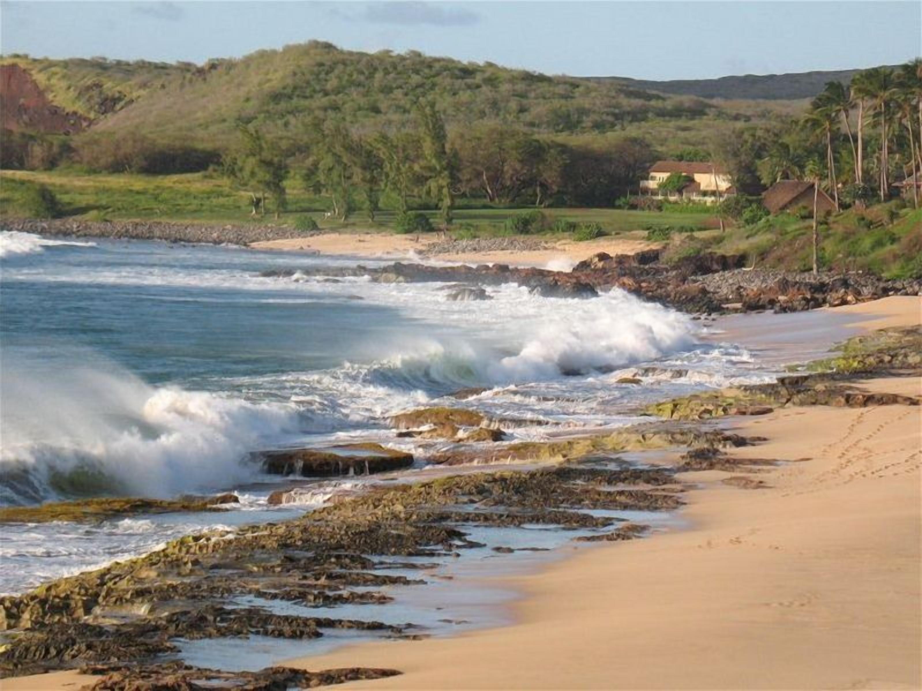 A coastal beach with rocky shoreline, sandy beach, and houses in the background.