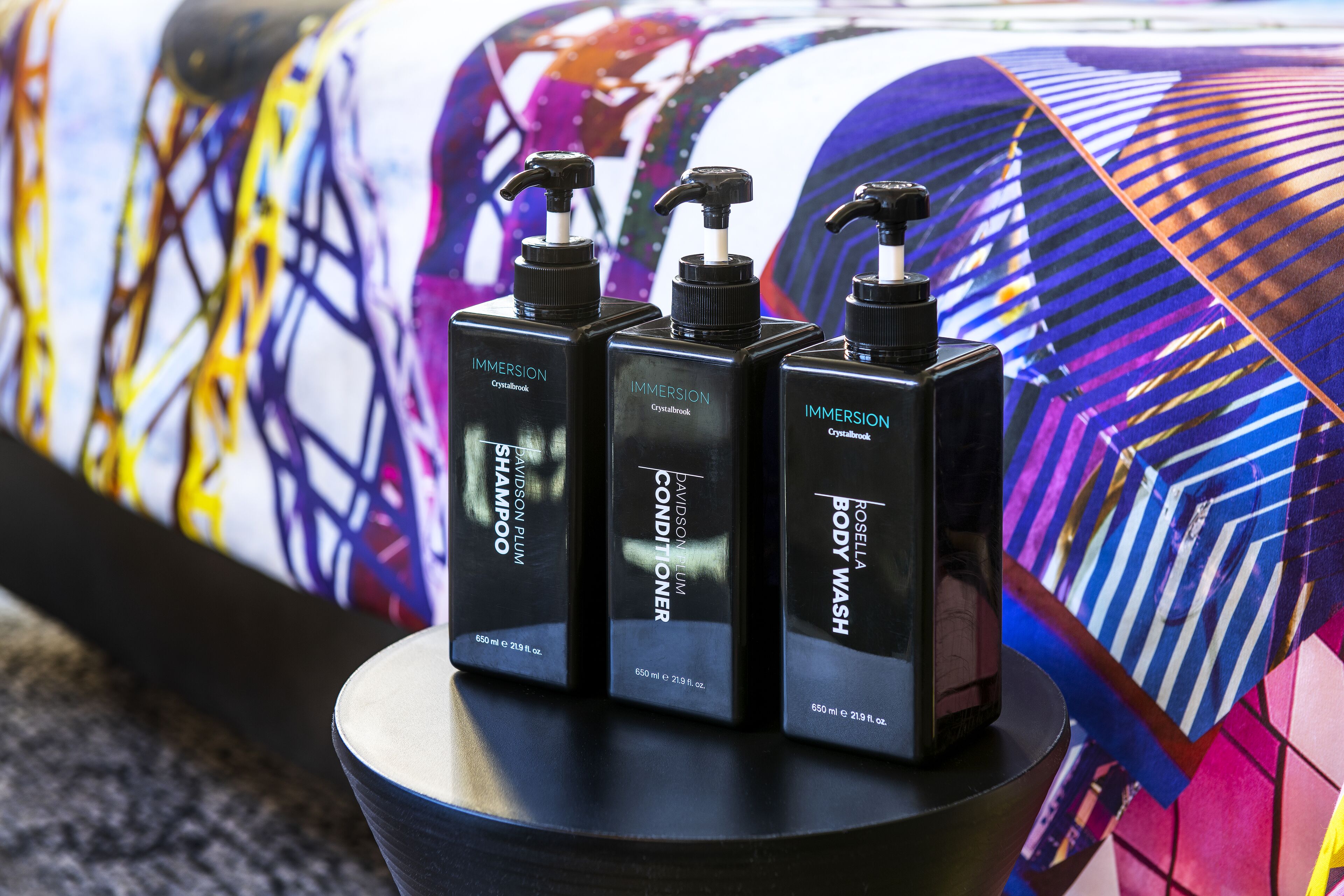 shower, hydromassage showerhead, designer toiletries, hair dryer