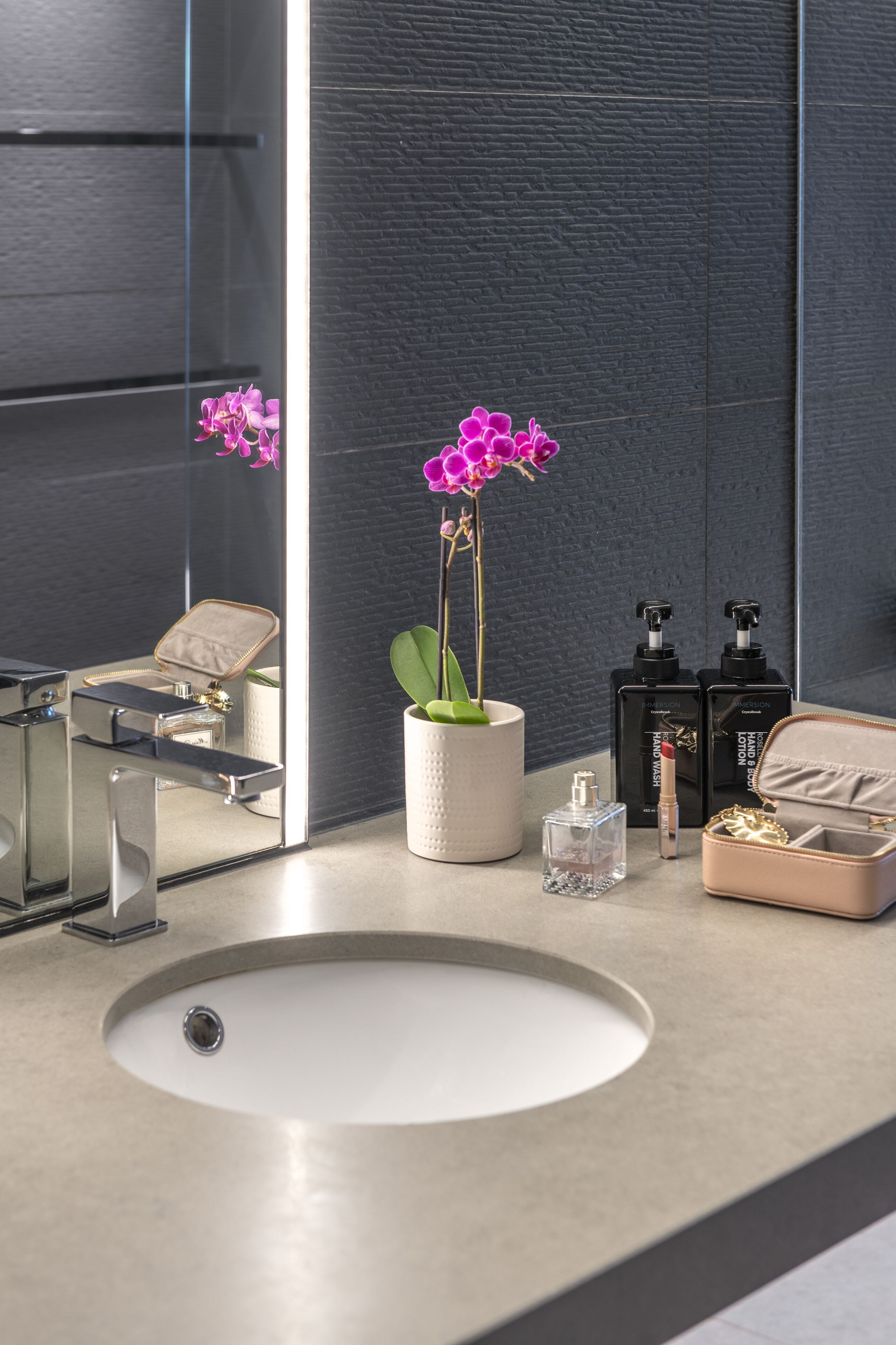 shower, hydromassage showerhead, designer toiletries, hair dryer