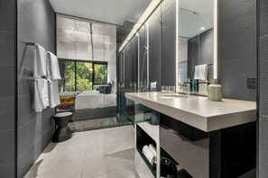 Nature Wall | Bathroom | Shower, hydromassage showerhead, designer toiletries, hair dryer - Crystalbrook Vincent (Brisbane)