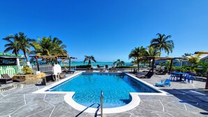 Une piscine avec vue sur l’océan, entourée de palmiers et de chaises longues.