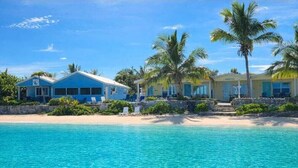 Une propriété située en bord de mer, dotée d’une piscine, de palmiers et surplombant un ciel bleu azur.