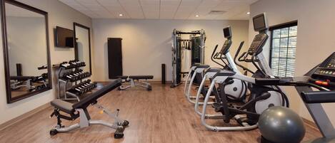 A gym with treadmills, exercise bikes, and free weights.