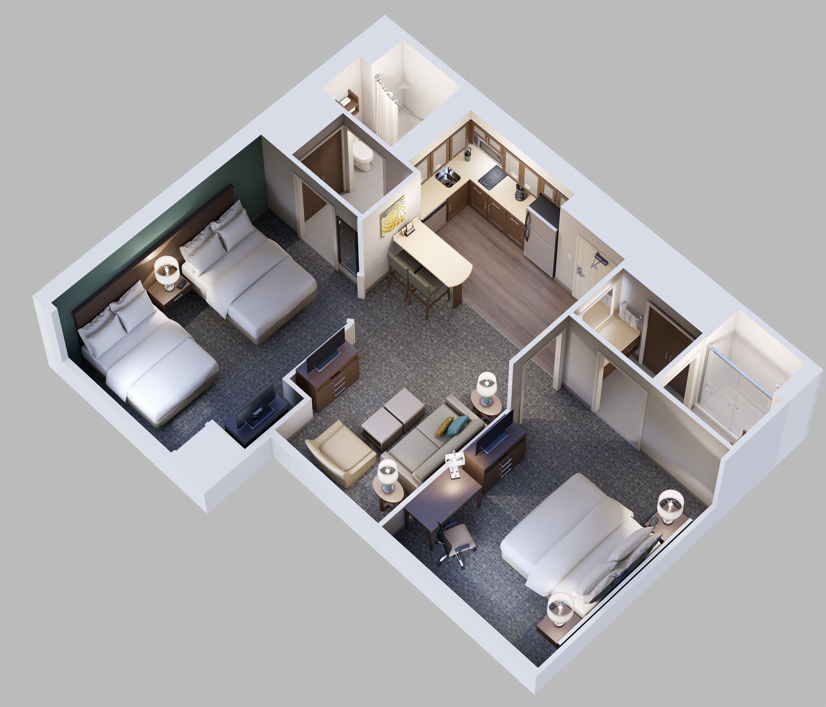 En 3D-visualisering af et hotelværelse med to senge, et badeværelse, et tekøkken og en siddeplads.