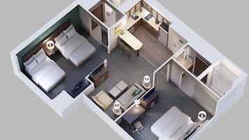Distribución en 3D de una habitación de hotel con dos camas, un baño, una kitchenette y una zona de estar.