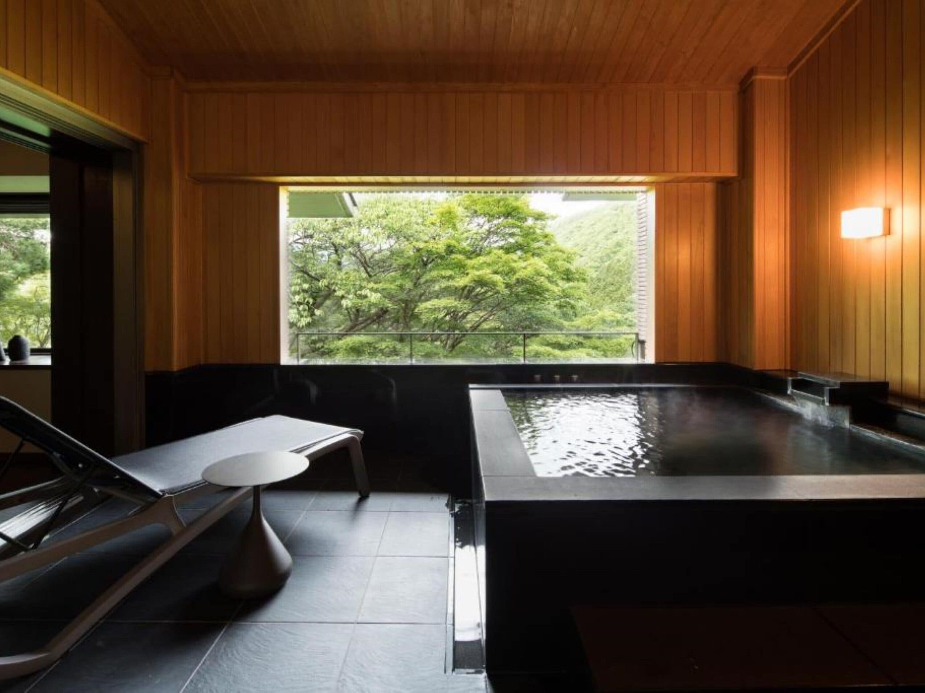 Ein traditionelles japanisches Onsen mit Holzinnenraum, einem Thermalbad und Blick auf üppiges Grün.