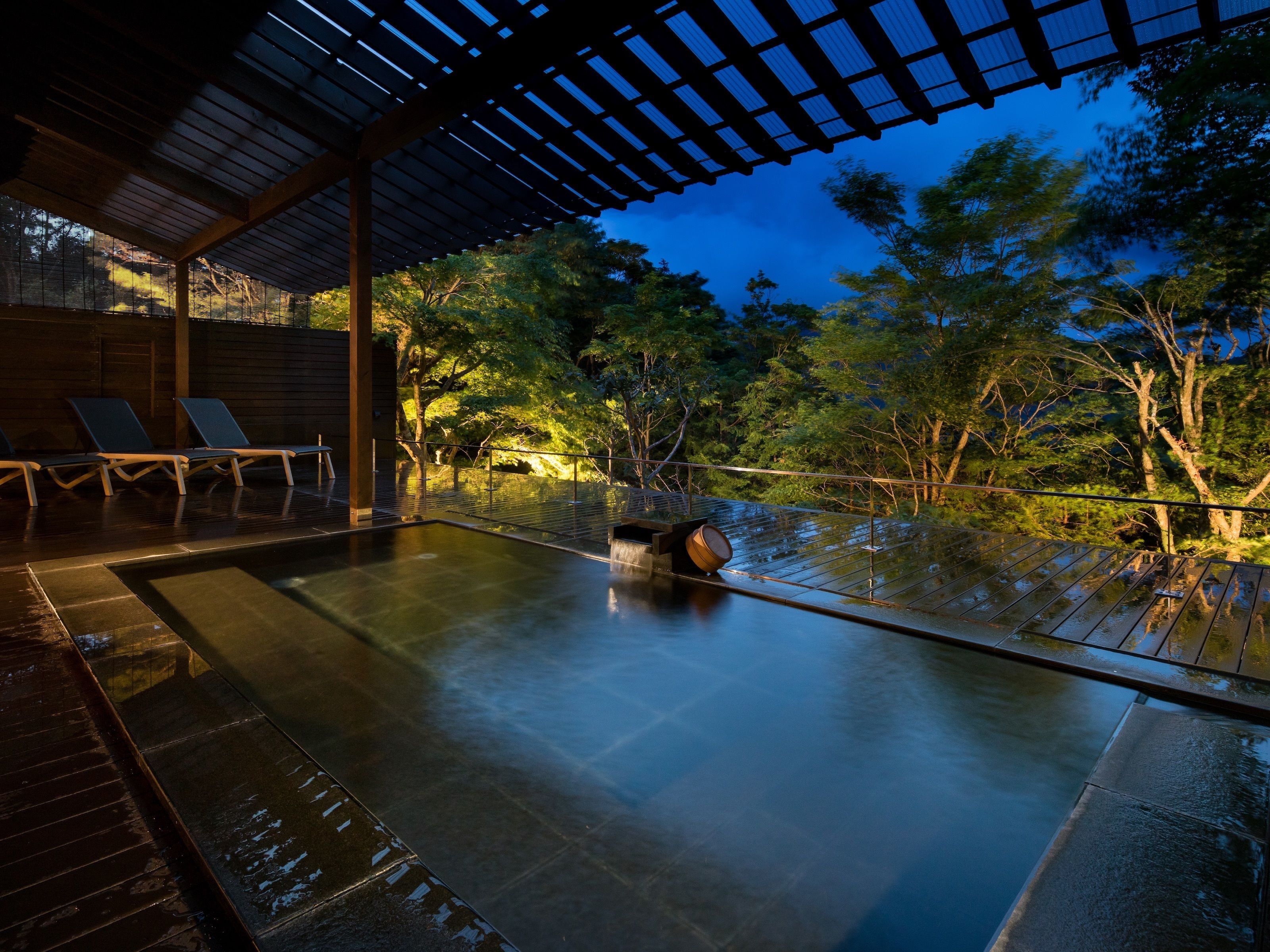 A serene outdoor pool area with a wooden deck and lounge chairs, surrounded by lush trees and a night sky.