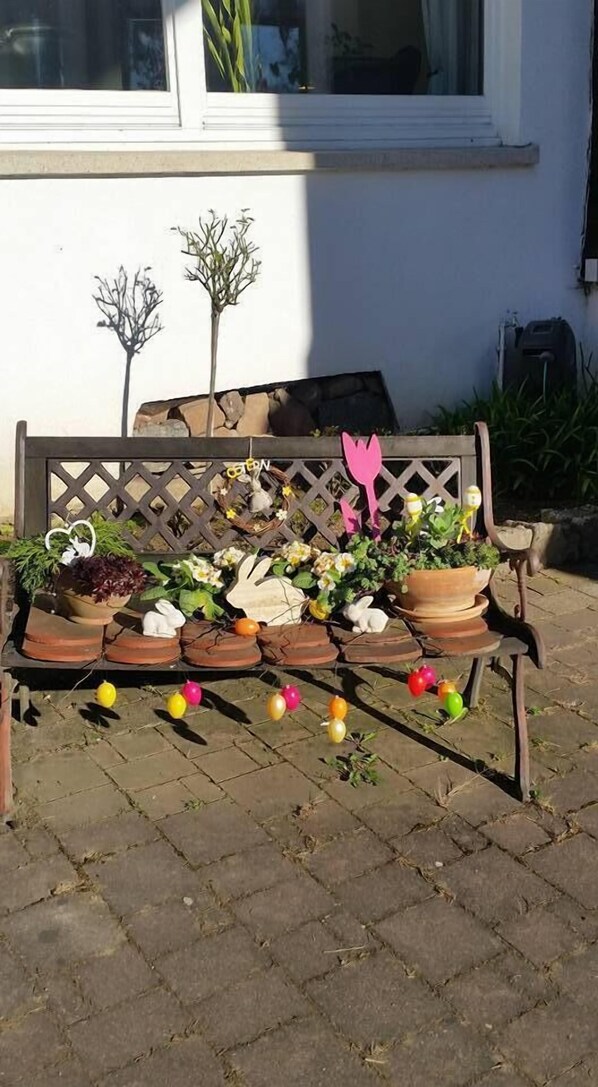 A wooden bench with potted plants and balloons on a paved surface. - Der Watzenhof (Hemsbach)