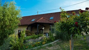 A house with a tiled roof, a porch, and a garden with flowers and plants. - Guest House Zevnik (Brezice)