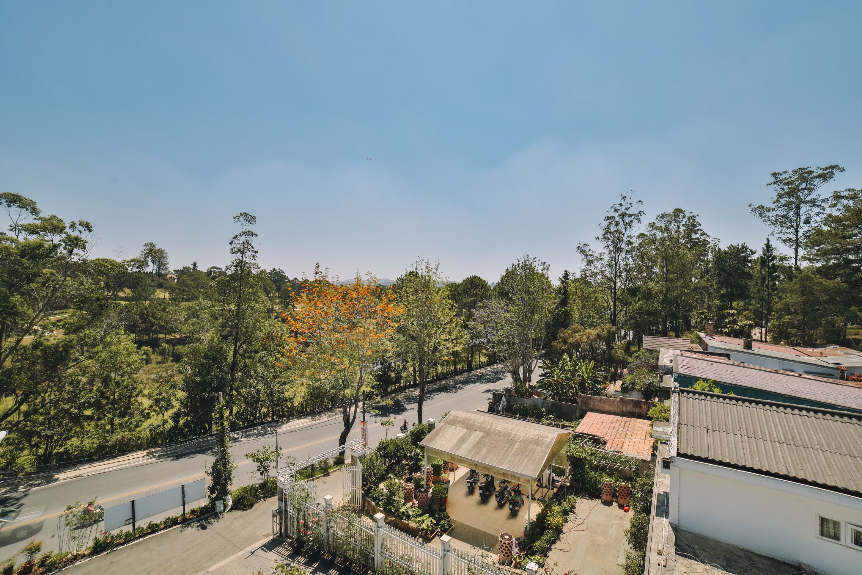 A view of a street with trees and a small building with a covered area.