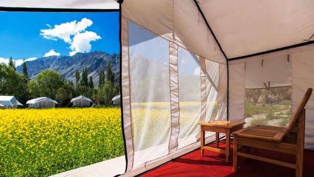 A tent with a red carpet and a wooden chair. - TIH Magpie Camp (Leh)