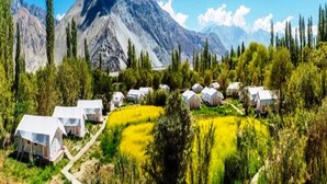 A mountainous landscape with a cluster of white tents. - TIH Magpie Camp (Leh)