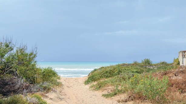 Ein sandiger Küstenweg führt zum Meer, der Himmel ist bewölkt.