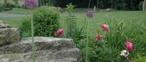 Un jardin avec des marches en pierre et différentes sortes de fleurs.