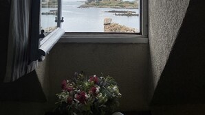 Habitación con ventana que da a una masa de agua y una isla distante.