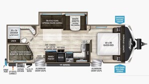 Kompakt autocamper indretning med queensize seng, en klapsofa, badeværelse med skydelugt, tekøkken, spiseplads og en Universal Documentation Station.