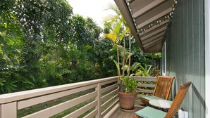 Una terraza de madera con barandilla, una planta en maceta y una silla de madera con cojín verde.