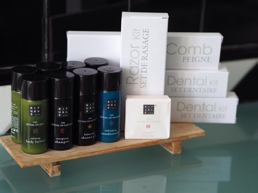 free toiletries, hair dryer, towels