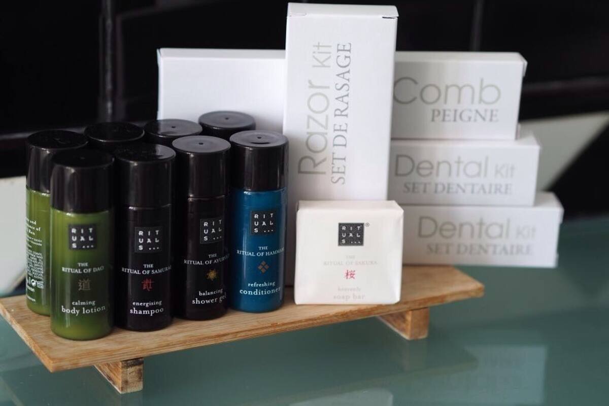 free toiletries, hair dryer, towels