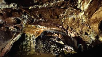 A cave with natural rock formations and a small water pool.