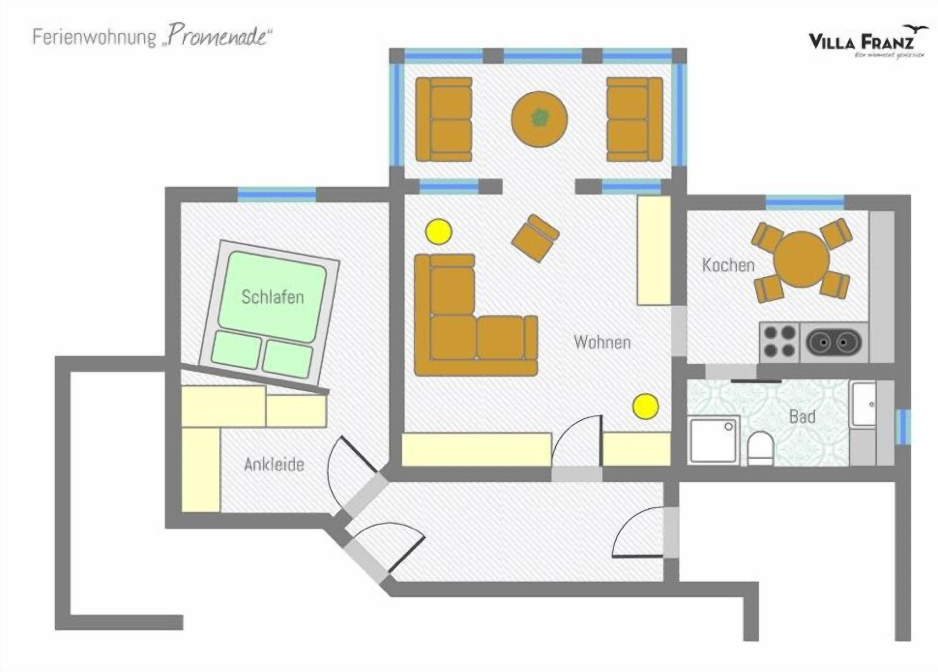 A floor plan of a villa with labeled rooms including a living room, kitchen, dining area, and bedrooms.
