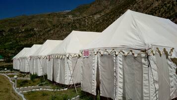 A row of white tents with numbers on them, set up in a campsite with a mountainous backdrop.