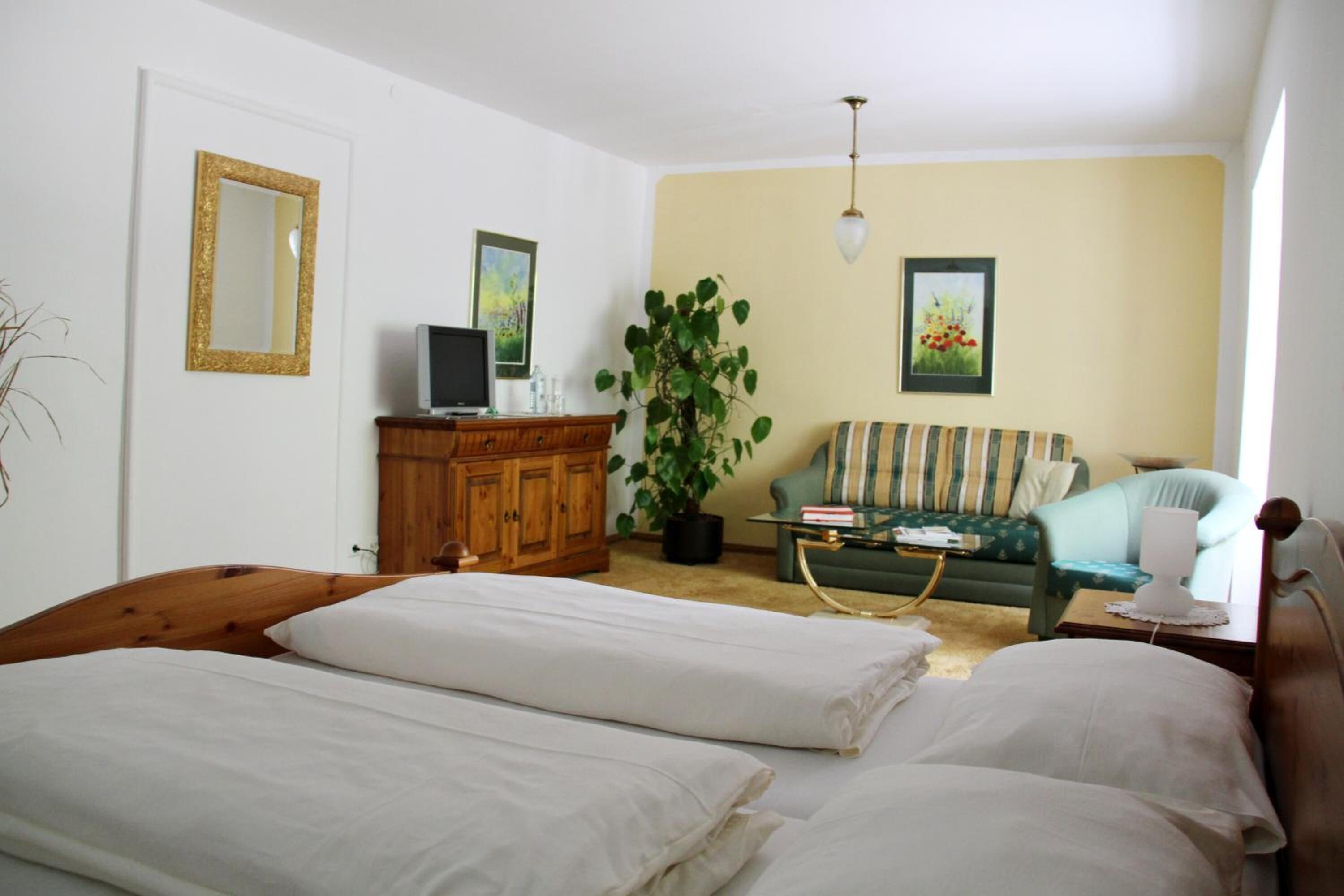 Quarto com duas camas, um armário de madeira, televisão, sofá, planta em vaso e duas imagens emolduradas na parede.