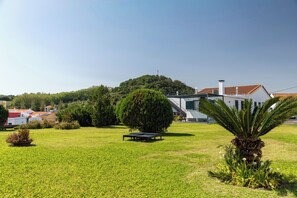 Un espacio verde con una palmera, un banco y un edificio blanco de techo rojo.