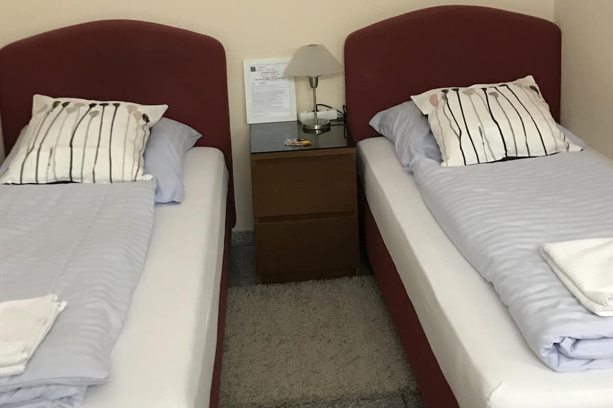 Twin kamer | Een bureau, een strijkplank/strijkijzer, gratis wifi, beddengoed