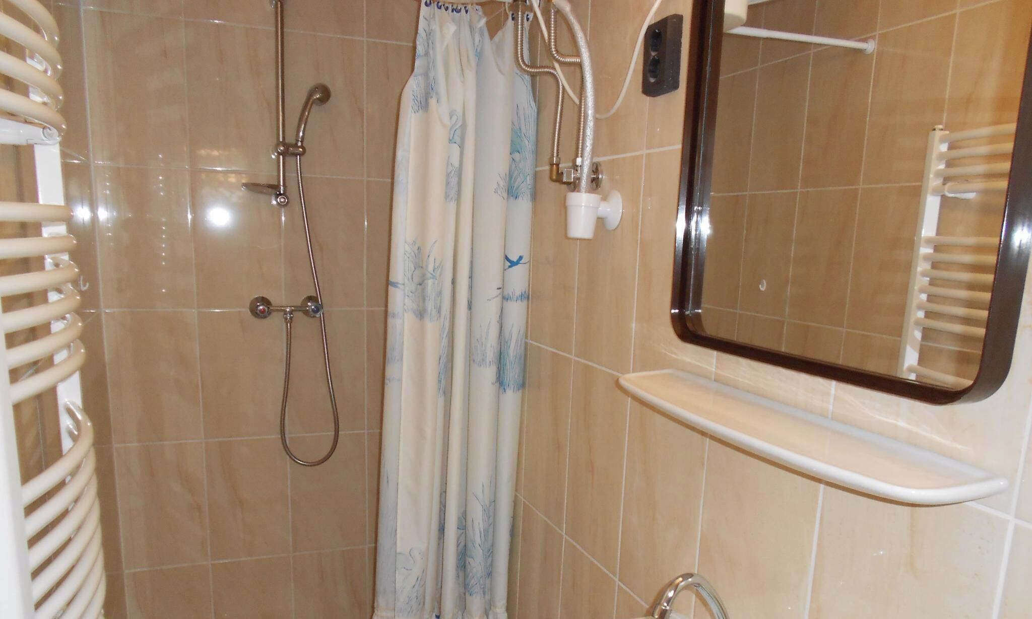 Casa de banho com chuveiro, sanita e lavatório.