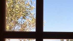 Una ventana con vistas a un viñedo y montañas distantes.