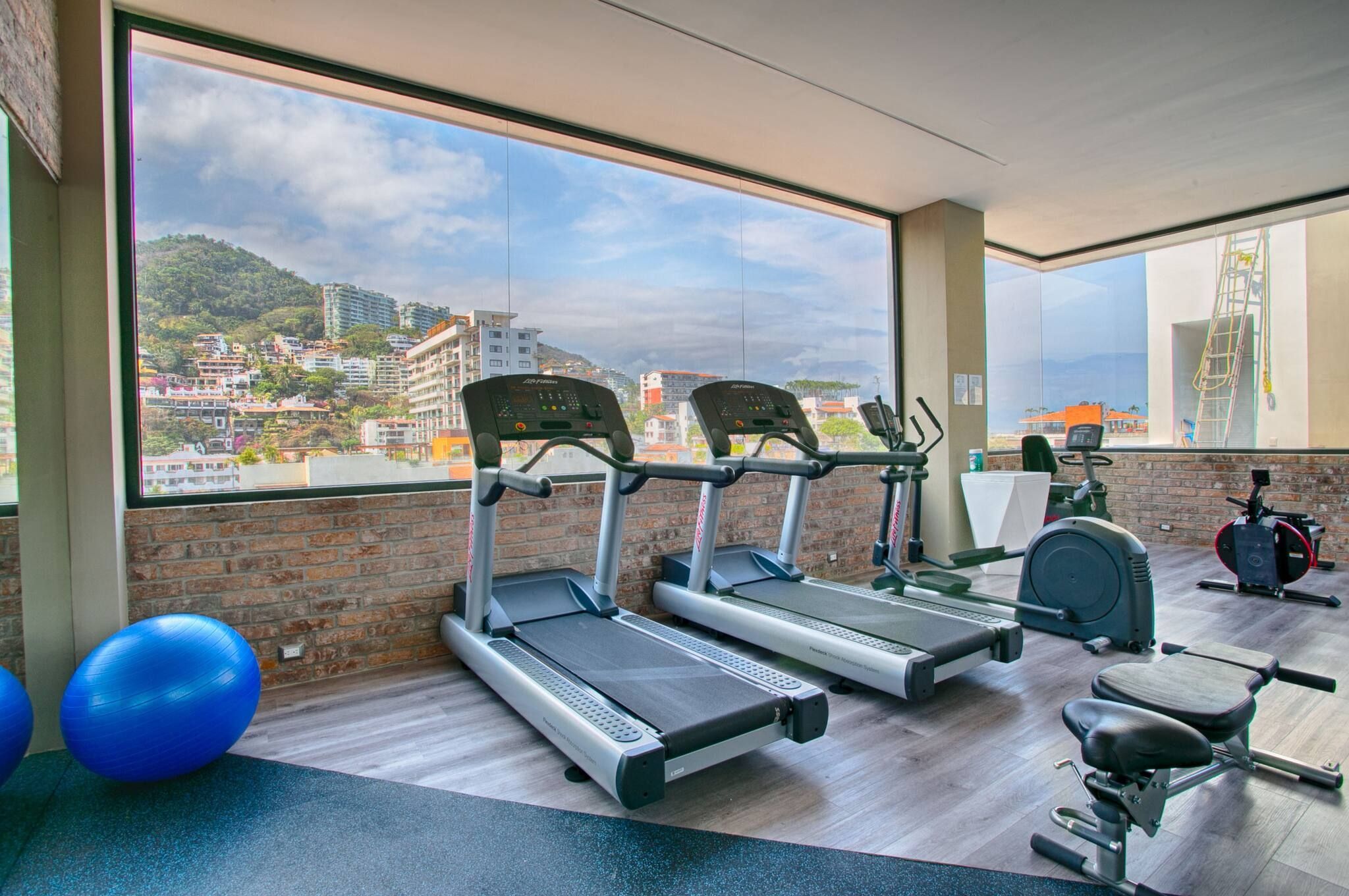 A gym with treadmills, exercise balls, and a view of a cityscape through large windows.