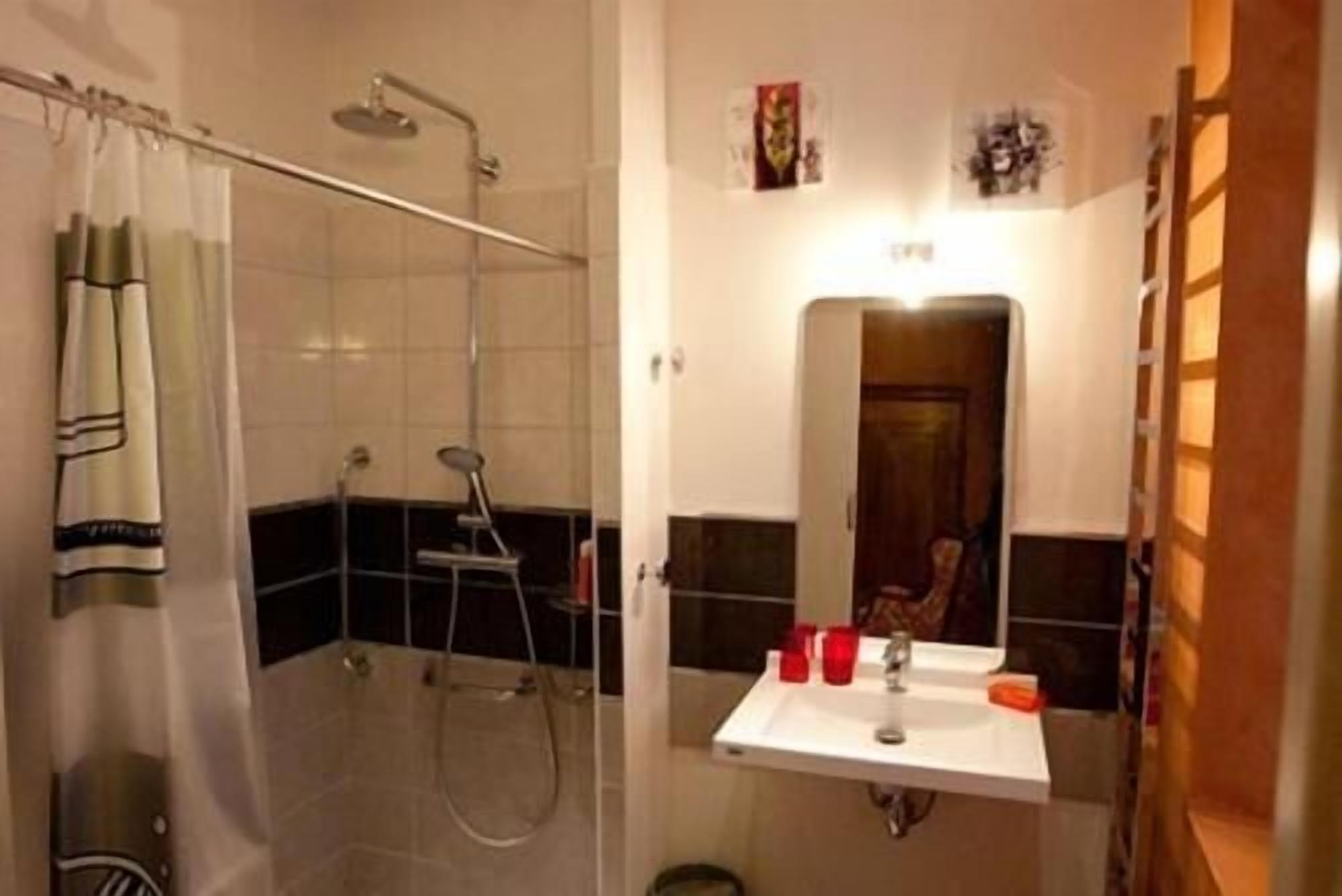 Un baño con ducha, lavabo y espejo.
